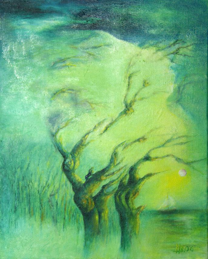 Ilustracja 1: Obraz olejny malowany ustami. Przestawia drzewa, konary bez liści, kolorystyka w odcieniach zieleni.