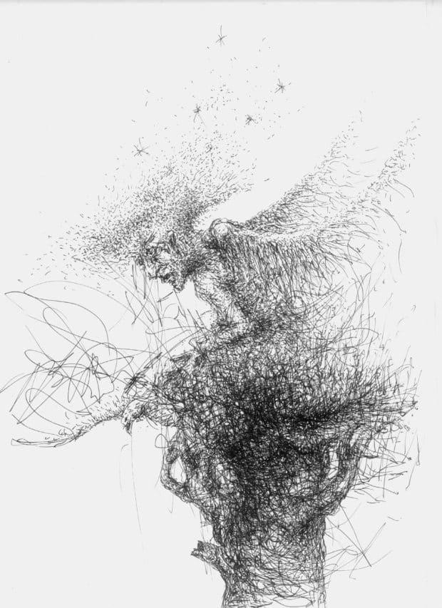 Ilustracja 2: Rysunek piórkiem, przedstawia stwora ze skrzydłami siedzącego w gnieździe. Rysunek ustami.