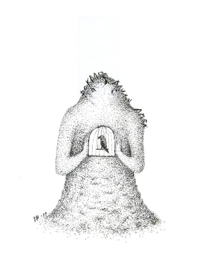 Ilustracja 3: Rysunek ustami przedstawia kruka w klatce umieszczonej wewnątrz postaci, kształtem przypominającą ludzką.