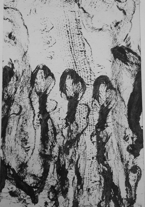 Ilustracja 3: Frotaż. Przedstawia grupę ludzi w zarysie, czarno - biała praca.