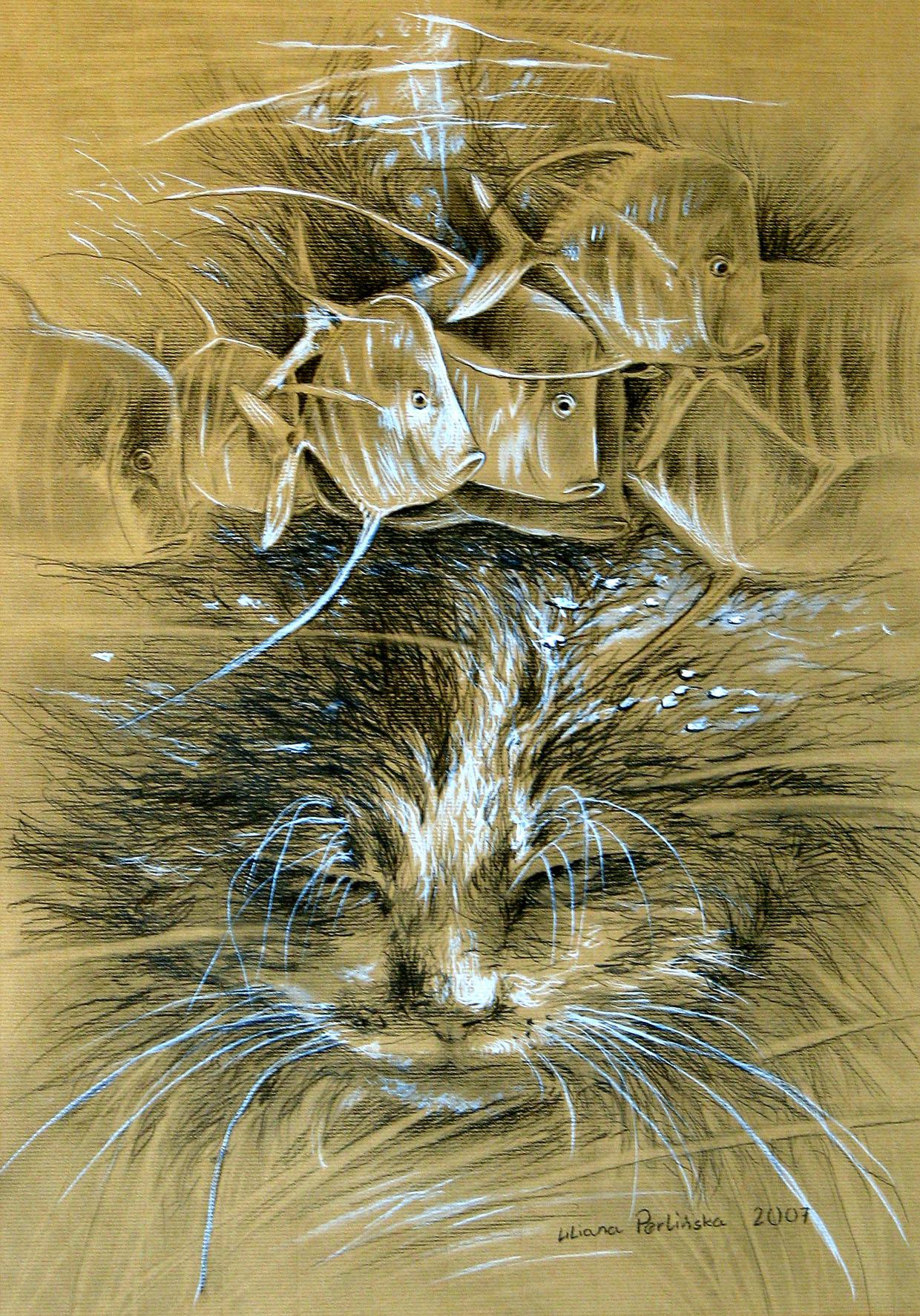 Ilustracja 5: Rysunek ołówkiem i białą kredką: Kot i ryby