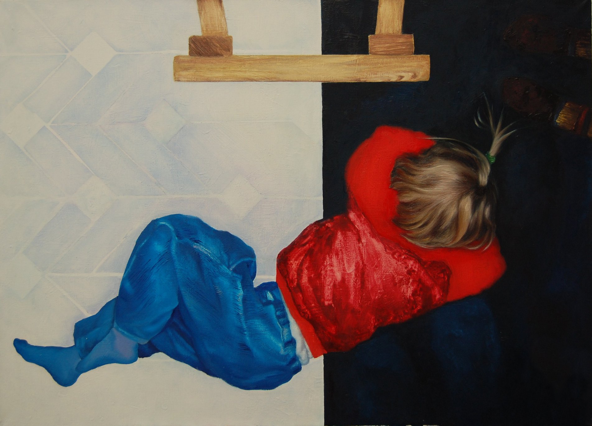 Ilustracja 5: Obraz przedstawia leżące dziecko w czerwonym swetrze i niebieskich spodniach.