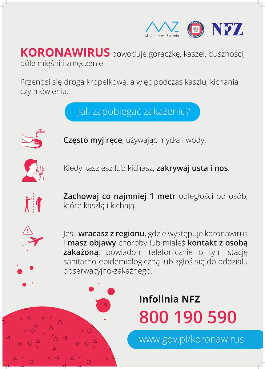 Plakat informujący o zapobieganiu rozprzestrzeniania się wirusa. Infolinia NFZ: 800 190 590