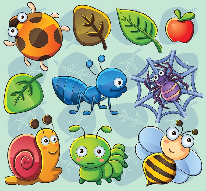 Majowe bąki - rysunek z kreskówkowymi owadami i liśćmi